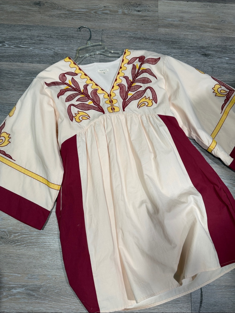 JODIFL Cream and Burgundy Embroidered V-Neck Tunic Dress